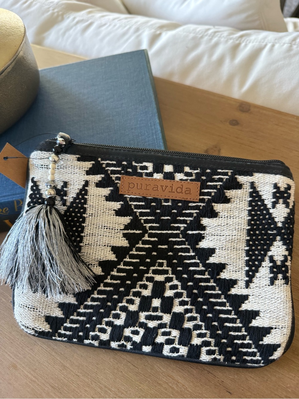 Pura Vida Black Cream Aztec Style Woven Cosmetic Pouch Beaded Tassel Boho